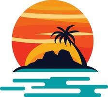 Soleil plage île noix de coco arbre logo modèle Stock vecteur illustration, tropical île logo modèle, le coucher du soleil ou lever du soleil , île avec paume des arbres et plage Stock vecteur image