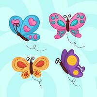 vecteur ensemble de 4 dessiné à la main papillons. mignonne insectes main tiré dans dessin animé style. brillant et Couleur magnifique papillon illustration.