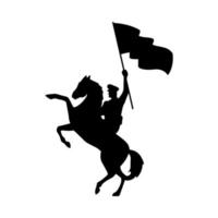 soldat militaire, brandissant le drapeau, dans, cheval, silhouette, isolé, icône vecteur