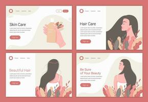 cheveux, peau se soucier concept. magnifique femme avec longue cheveux. atterrissage page conception modèle pour beauté, spa, bien-être, Naturel des produits, produits de beauté, corps se soucier. vecteur illustration.