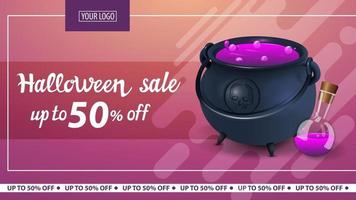 vente d'halloween, jusqu'à 50 de réduction, bannière de remise rose horizontale moderne avec pot de sorcière avec potion vecteur