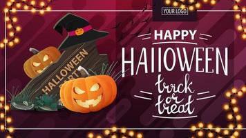 joyeux halloween, trick or treat, bannière de remise horizontale moderne avec panneau en bois, chapeau de sorcière et citrouille jack vecteur