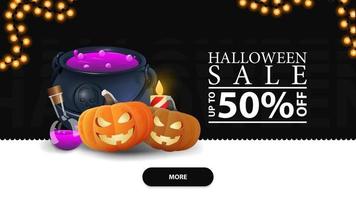vente d'halloween, jusqu'à 50 de réduction, bannière de remise noire moderne avec un design créatif, pot de sorcière et citrouille vecteur