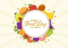 monde nourriture journée vecteur illustration sur 16 octobre avec divers nourriture, fruit et légume dans plat dessin animé main tiré Contexte modèles