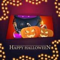 joyeux halloween, carte postale de voeux carrée violette avec un trou qui nous regarde le chaudron de la sorcière et la citrouille jack. vecteur