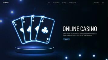 une bannière pour une site Internet avec néon poker cartes sur une brillant podium. vecteur