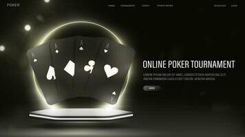 une la toile bannière avec poker cartes dans noir et blanc style sur une podium avec une brillant néon cambre. le concept pour une casino site Internet. vecteur