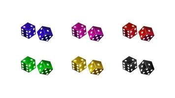 une ensemble de brillant embrasé 3d dé pour casino et poker dans couleurs bleu, vert, jaune, violet, rouge et noir sur une blanc Contexte. vecteur