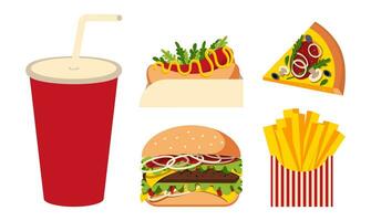 vite nourriture illustration. Burger, français frites, chaud chien, Pizza tranche, verre avec paille. vecteur illustration dans le style de minimalisme, Facile formes.