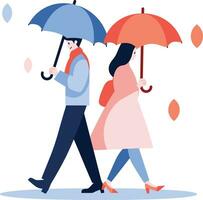 main tiré couple en portant parapluies dans le pluie dans plat style vecteur