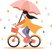 main tiré magnifique femme équitation une vélo et en portant un parapluie dans plat style vecteur