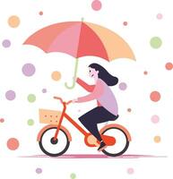 main tiré magnifique femme équitation une vélo et en portant un parapluie dans plat style vecteur