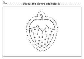 Coupe entraine toi pour enfants. noir et blanc feuille de travail. Couper en dehors dessin animé fraise. vecteur