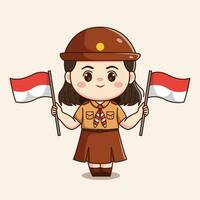 indonésien scout fille en portant drapeau mignonne kawaii chibi personnage illustration vecteur