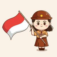 indonésien scout fille en portant drapeau mignonne kawaii chibi personnage illustration vecteur