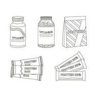 vitamines, protéine, protéine barres. sport équipement. aptitude inventaire. plat vecteur illustration. ligne art.
