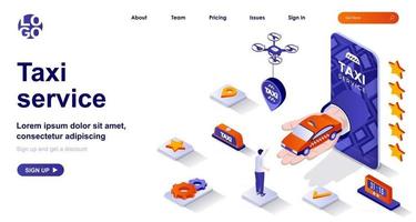 page de destination isométrique du service de taxi. concept d'isométrie de l'application mobile de transport de passagers vecteur