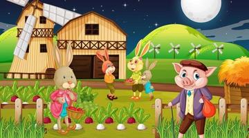 ferme la nuit avec une famille de lapins et un personnage de dessin animé de cochon vecteur