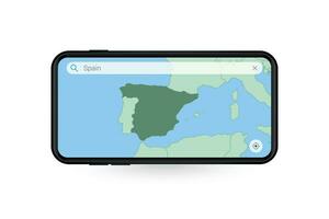 recherche carte de Espagne dans téléphone intelligent carte application. carte de Espagne dans cellule téléphone. vecteur