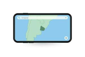 recherche carte de Uruguay dans téléphone intelligent carte application. carte de Uruguay dans cellule téléphone. vecteur