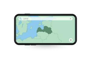 recherche carte de Lettonie dans téléphone intelligent carte application. carte de Lettonie dans cellule téléphone. vecteur