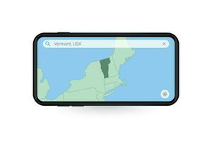 recherche carte de Vermont dans téléphone intelligent carte application. carte de Vermont dans cellule téléphone. vecteur