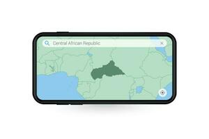 recherche carte de central africain république dans téléphone intelligent carte application. carte de central africain république dans cellule téléphone. vecteur