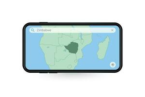 recherche carte de Zimbabwe dans téléphone intelligent carte application. carte de Zimbabwe dans cellule téléphone. vecteur