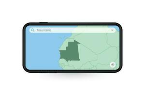 recherche carte de Mauritanie dans téléphone intelligent carte application. carte de Mauritanie dans cellule téléphone. vecteur