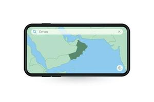 recherche carte de Oman dans téléphone intelligent carte application. carte de Oman dans cellule téléphone. vecteur