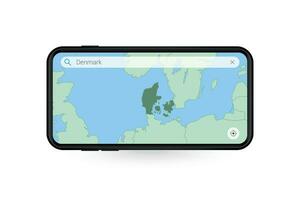 recherche carte de Danemark dans téléphone intelligent carte application. carte de Danemark dans cellule téléphone. vecteur