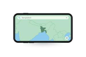 recherche carte de bangladesh dans téléphone intelligent carte application. carte de bangladesh dans cellule téléphone. vecteur