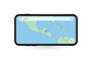 recherche carte de Belize dans téléphone intelligent carte application. carte de Belize dans cellule téléphone. vecteur