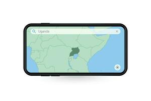 recherche carte de Ouganda dans téléphone intelligent carte application. carte de Ouganda dans cellule téléphone. vecteur