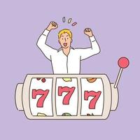 un homme se réjouit devant une machine à jackpot avec un 777. illustrations de conception vectorielle de style dessinés à la main. vecteur