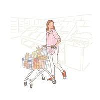 une femme fait ses courses dans un supermarché en poussant un caddie. illustrations de conception de vecteur de style dessinés à la main.