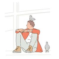 un homme est assis dans la rue et des pigeons sont assis autour de lui. illustrations de conception de vecteur de style dessinés à la main.