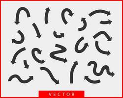 flèches de collection vecteur arrière-plan symboles noirs et blancs. ensemble d'icônes de flèche différente cercle, haut, bouclé, droit et tordu. éléments de design.