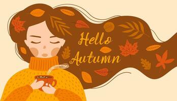 mignonne fille dans une Jaune chandail les boissons une tasse de thé ou café avec l'automne feuilles. Bonjour l'automne. vecteur des illustrations