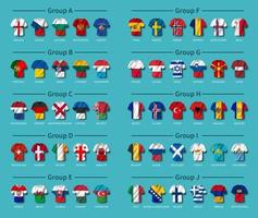 Tirage au sort des qualifications du tournoi européen de football 2020 . groupe d'équipes internationales. maillot de football avec motif de drapeau de pays ondulant. fond de thème bleu. vecteur. vecteur
