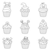 ensemble de cupcakes halloween noir et blanc. illustrations vectorielles. vecteur