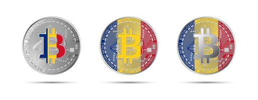 trois pièces de monnaie crypto bitcoin avec le drapeau de la roumanie. argent du futur. illustration vectorielle de crypto-monnaie moderne vecteur