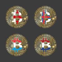 quatre icônes bitcoin dorées avec des drapeaux de l'angleterre, des îles féroé, du luxembourg et de la hollande. symbole de technologie de crypto-monnaie. vecteur, argent numérique, icônes, isolé, sur, gris, fond vecteur