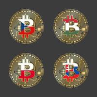 quatre icônes bitcoin dorées avec des drapeaux de la république tchèque, de la hongrie, de la pologne et de la slovaquie. symbole de technologie de crypto-monnaie. vecteur, argent numérique, icônes, isolé, sur, gris, fond vecteur