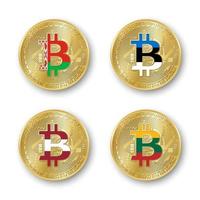 quatre pièces de monnaie bitcoin dorées avec des drapeaux de la biélorussie, de l'estonie, de la lettonie et de la lituanie. vecteur d'icônes de crypto-monnaie isolés sur fond blanc. symbole de la technologie blockchain