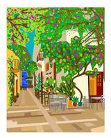 Grèce. rue dans une petit du sud ville près le mer. floraison des arbres. grec paysage. vecteur illustration