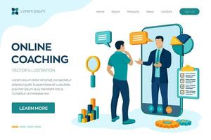 concept de coaching et de mentorat. appel vidéo pour coacher via l'application sur smartphone. service de conseil ou de consultation d'affaires en ligne. webinaire, cours de formation en ligne. vecteur