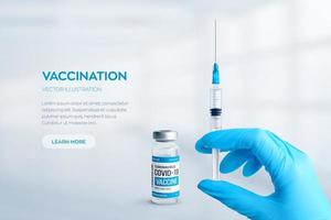 concept de vaccin contre le coronavirus covid-19. flacon en verre médical réaliste avec capuchon en métal et seringue en arrière-plan vectoriel à la main. vaccination contre le virus 2019-ncov. Traitement de vaccination contre le covid19.