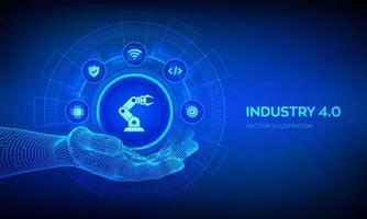 symbole intelligent de l'industrie 4.0 en main robotique. Automatisation d'usine. concept de technologie industrielle autonome. étapes des révolutions industrielles. illustration vectorielle. vecteur