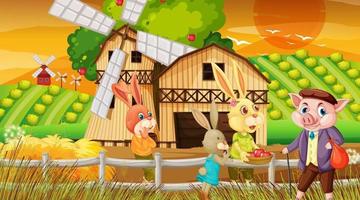 ferme au coucher du soleil avec une famille de lapin et un personnage de dessin animé de cochon vecteur